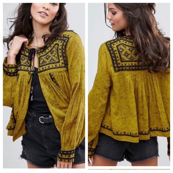 Free People Twilight Embellished Cotton Jacket yellow mustard color Size XS - Picture 3 of 14
